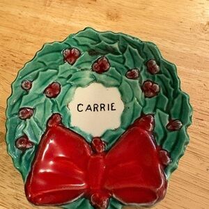 VTG 50’s -60’s Christmas wreath “Carrie” personalized trinket tray earrings ring